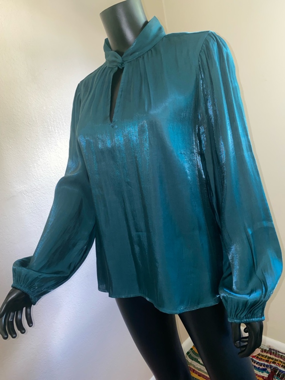 Nine West Teal Green Satin Keyhole Blouse - Picture 4 of 12